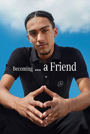 Photo of a man seated with overlay text: "Becoming...a Friend"