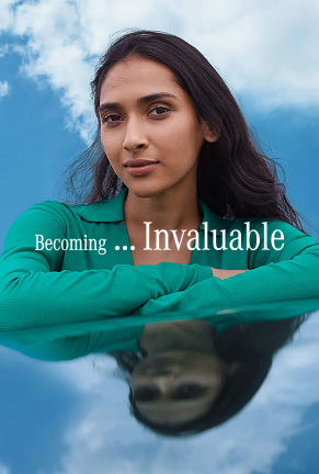 Woman leaning on a car with overlay text: "Becoming...Invaluable"